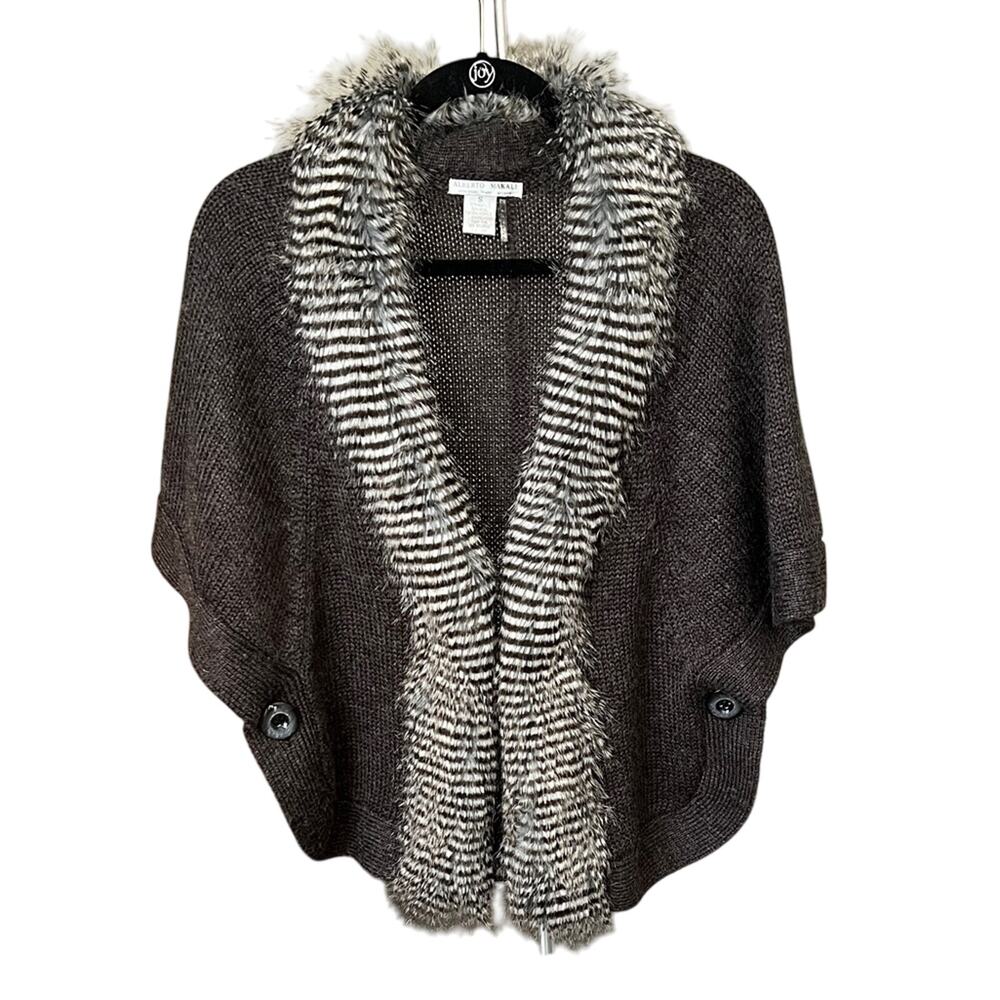 Alberto Makali Y2K Gray Knit Cardigan Faux Fur Collar Open Front Sweater - S